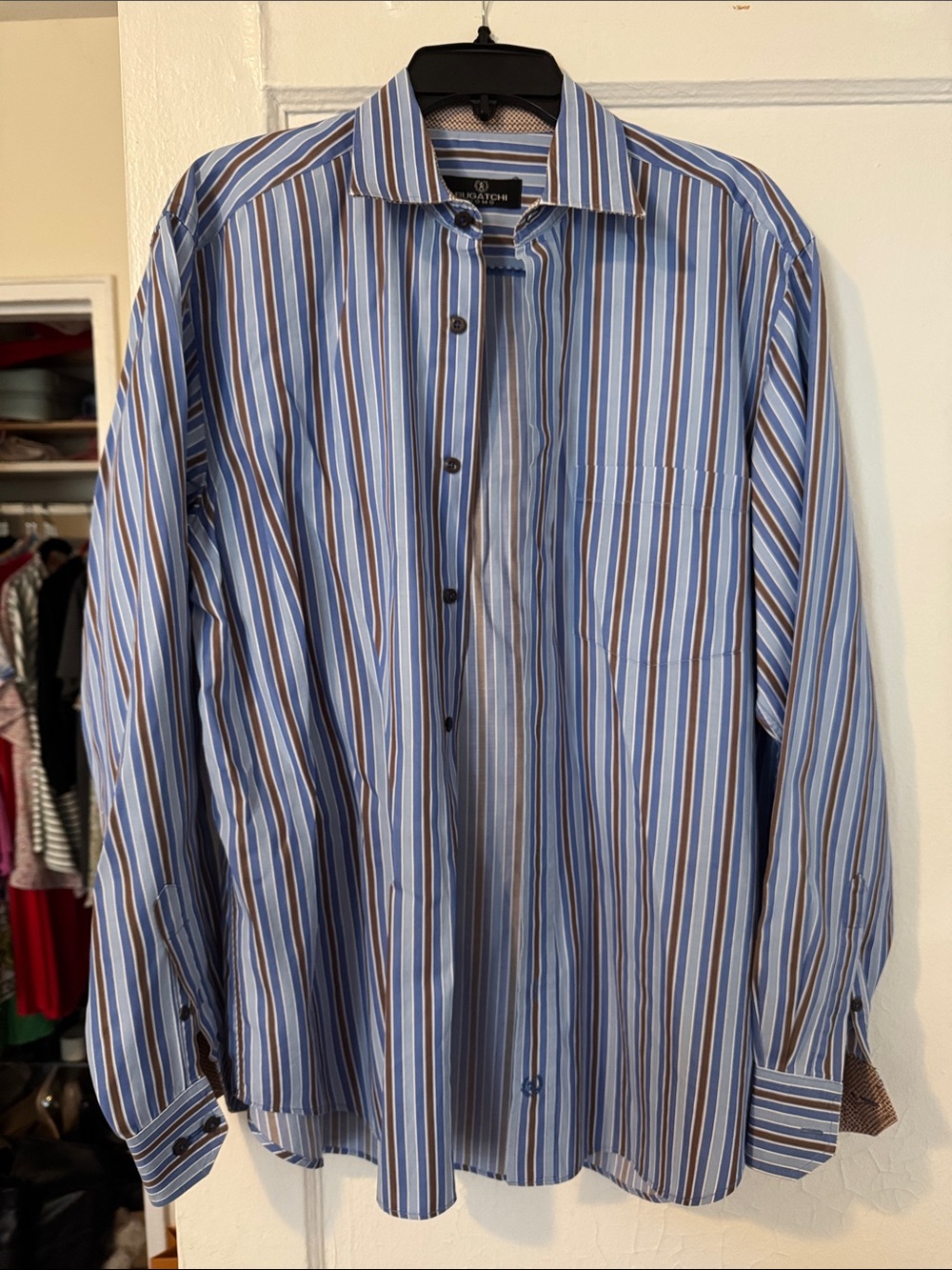 Bugatchi Men's Blue and Brown Multi-Stripe Dress Shirt